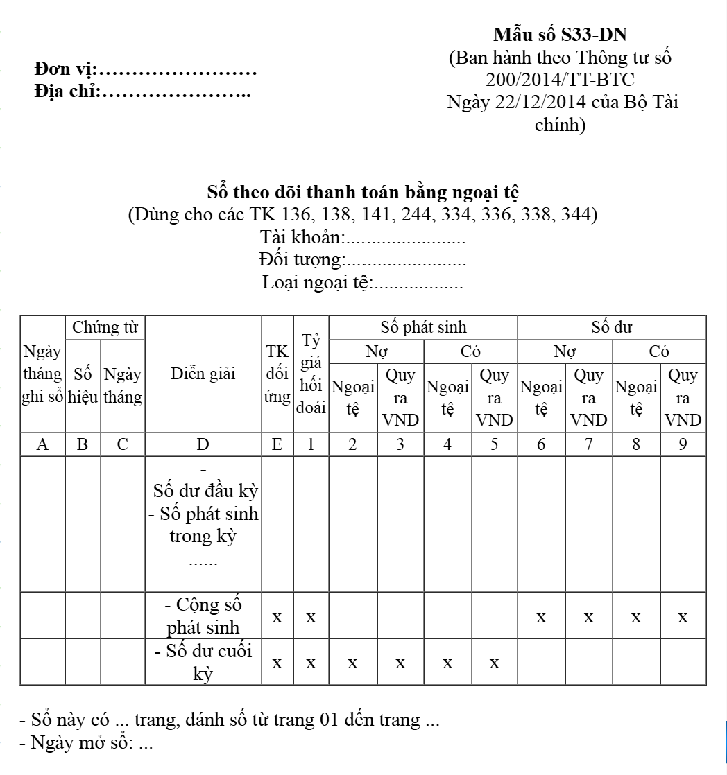 Mẫu sổ theo dõi thanh toán bằng ngoại tệ